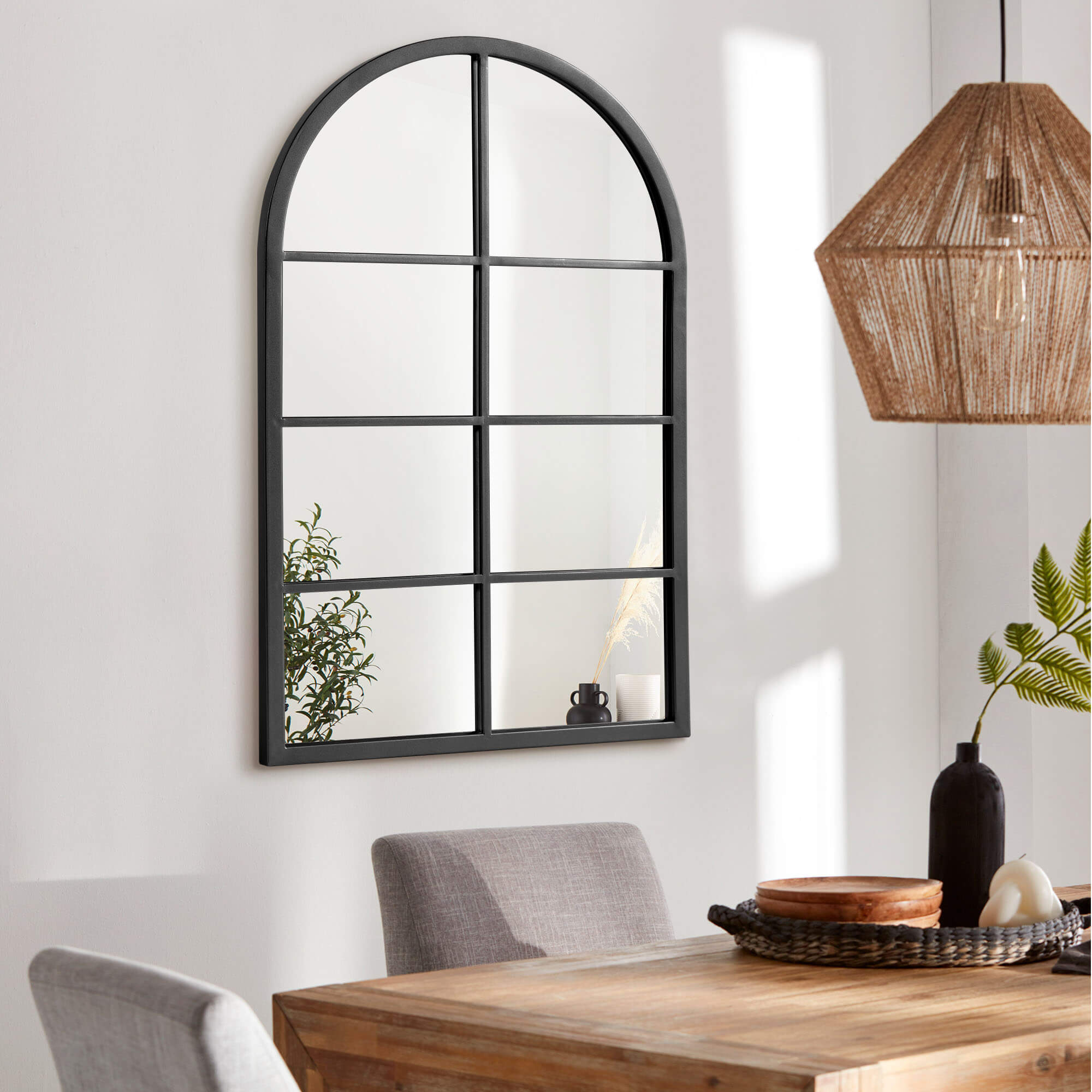 Bernice- Iron Window Pane Black & Gold Arch Decorative Wall Mirror