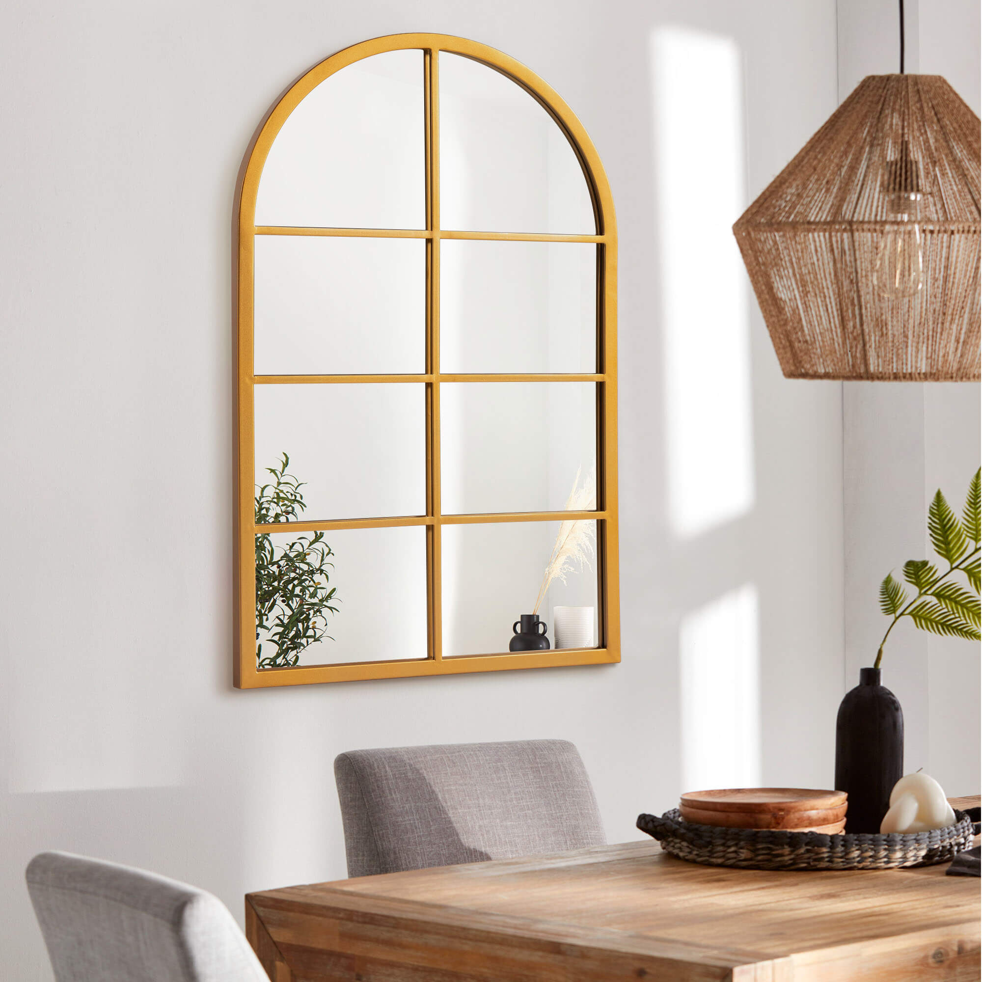 Bernice- Iron Window Pane Black & Gold Arch Decorative Wall Mirror