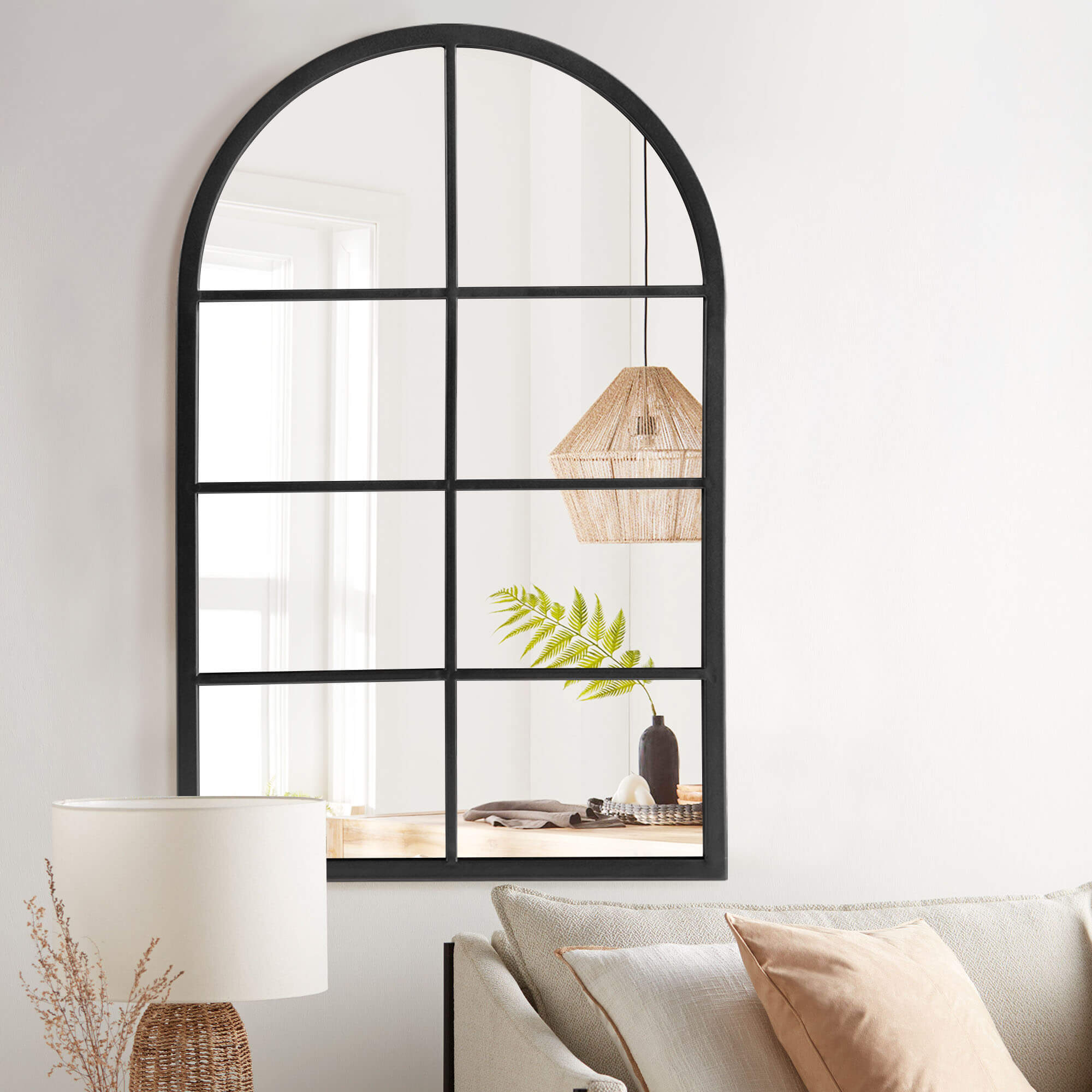Bernice- Iron Window Pane Black & Gold Arch Decorative Wall Mirror