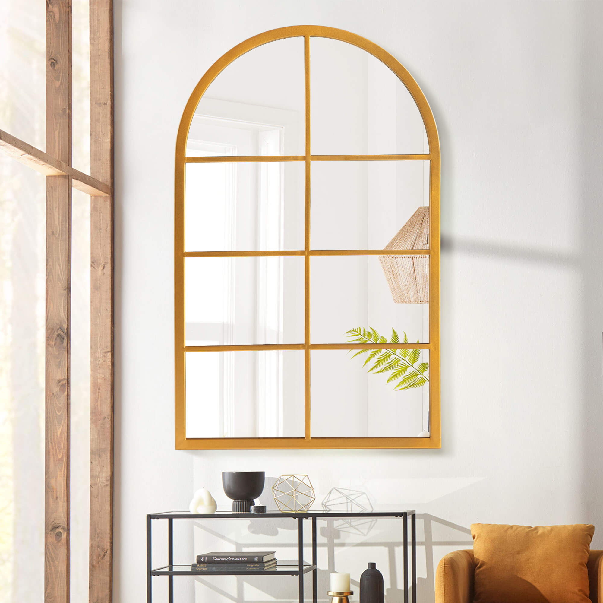 Bernice- Iron Window Pane Black & Gold Arch Decorative Wall Mirror