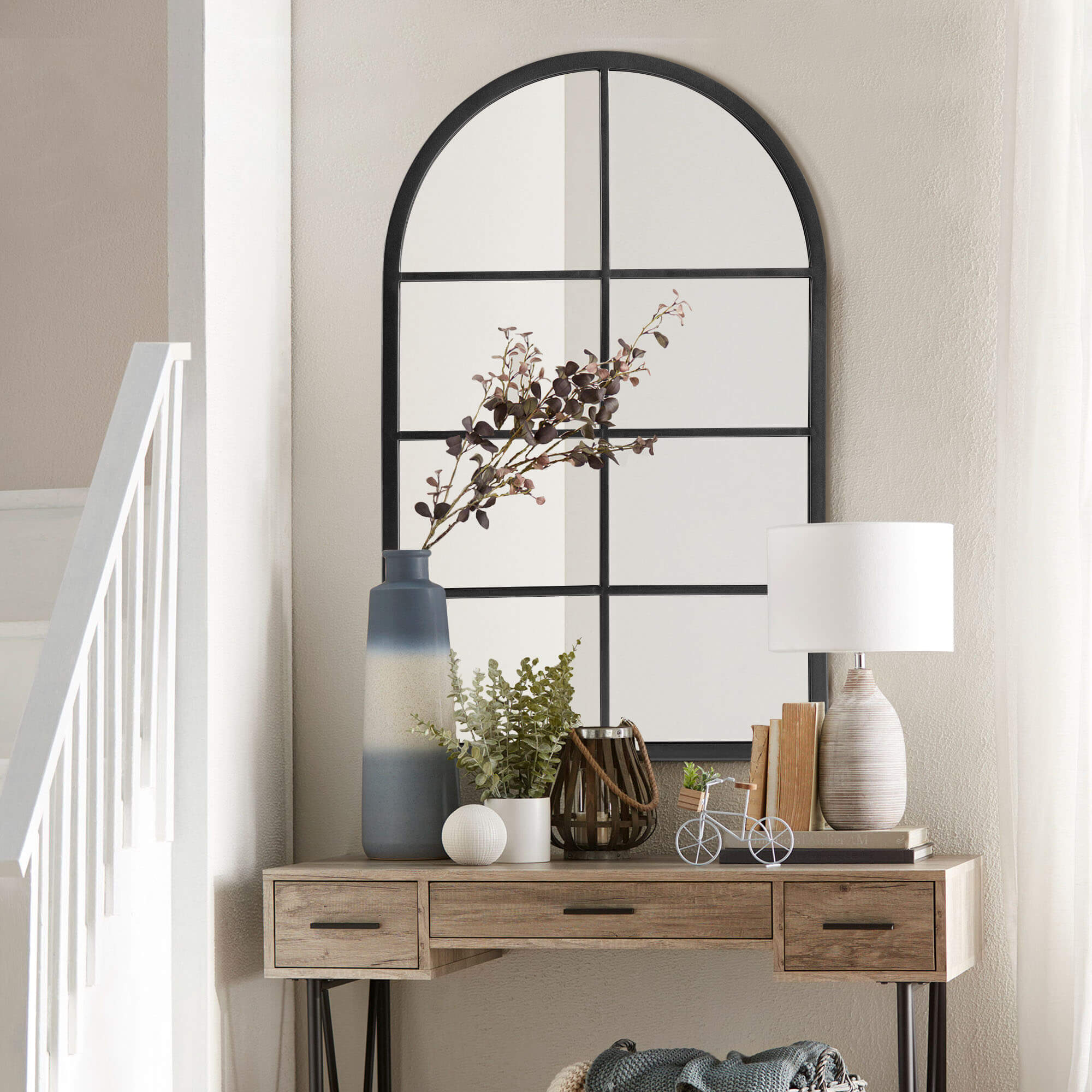 Bernice- Iron Window Pane Black & Gold Arch Decorative Wall Mirror