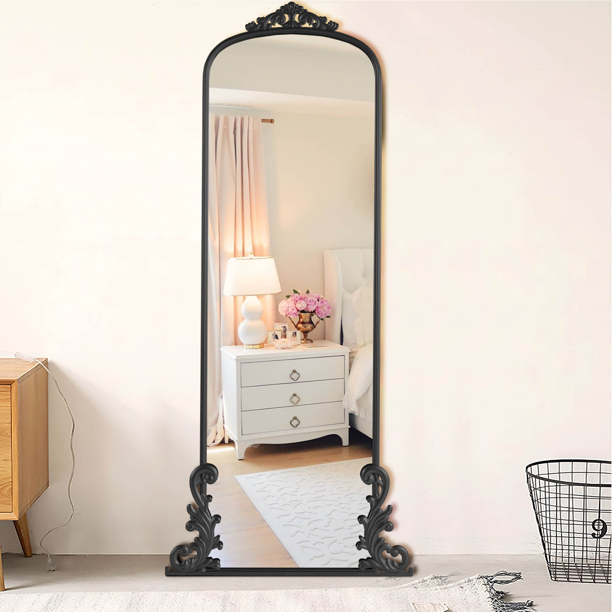 Lois-68"x29" Black Retro Palace Carved Full Length Mirror