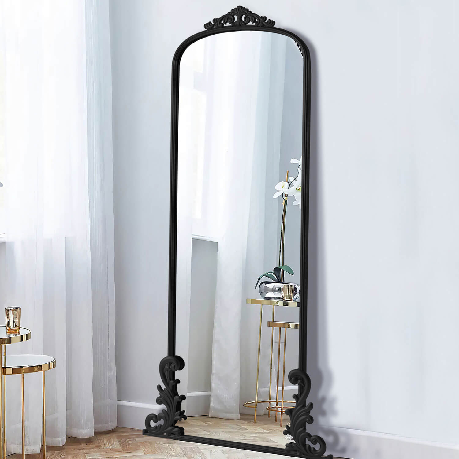 Lois-68"x29" Black Retro Palace Carved Full Length Mirror
