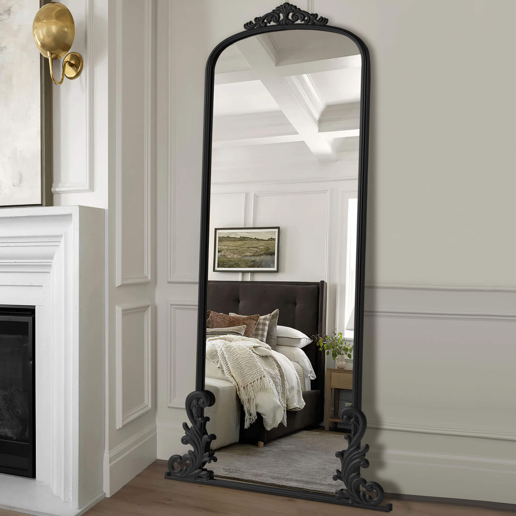 Lois-68"x29" Black Retro Palace Carved Full Length Mirror