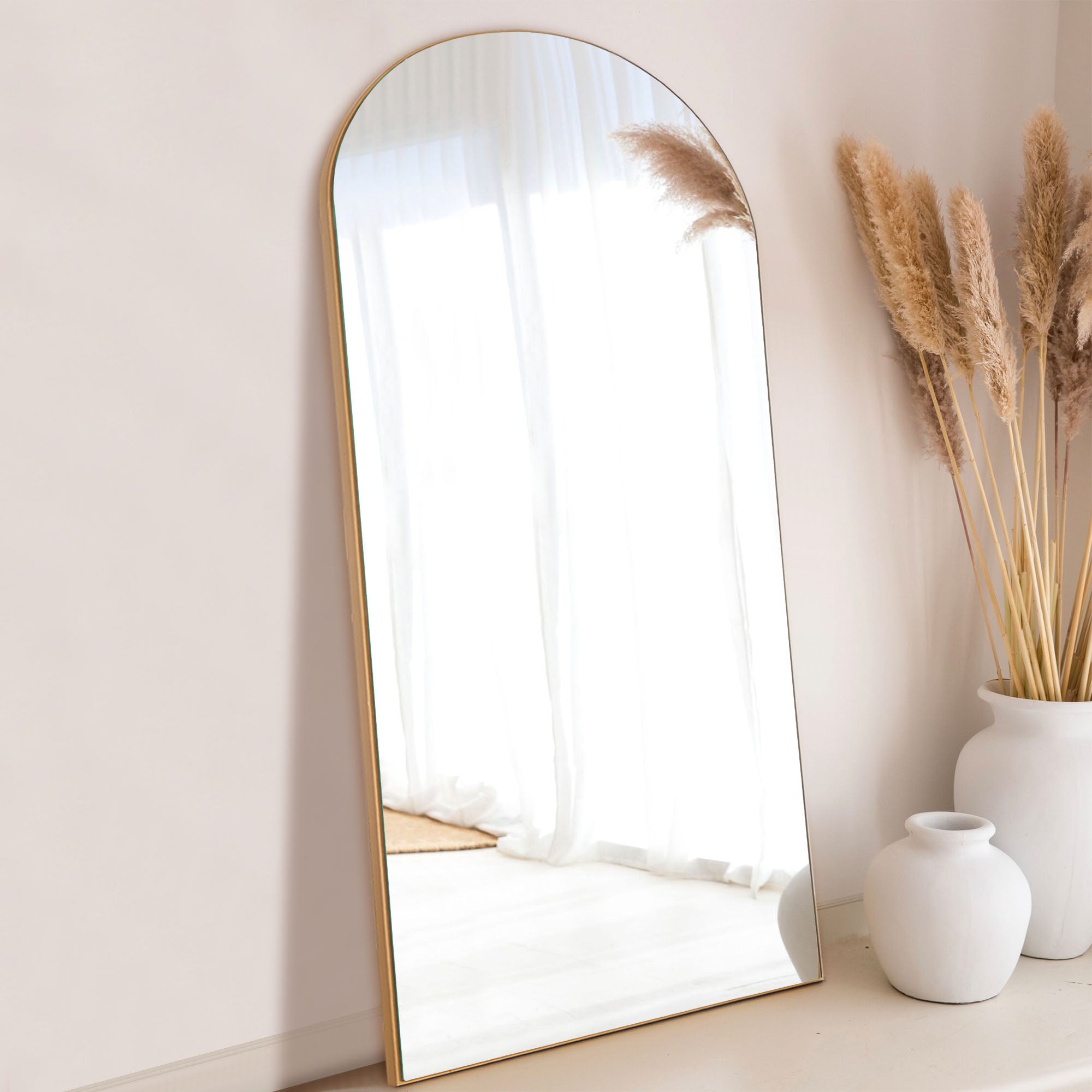 gold wood frame arch full body mirror