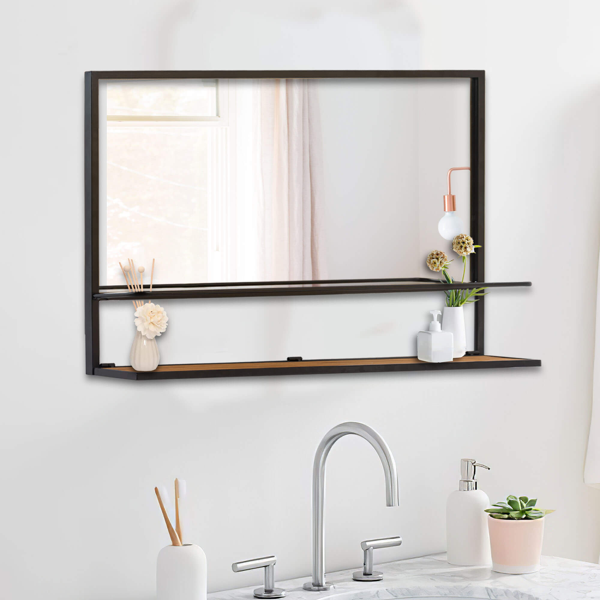 Poll-30"x22" Black Bathroom Mirror with Foldable Shelf