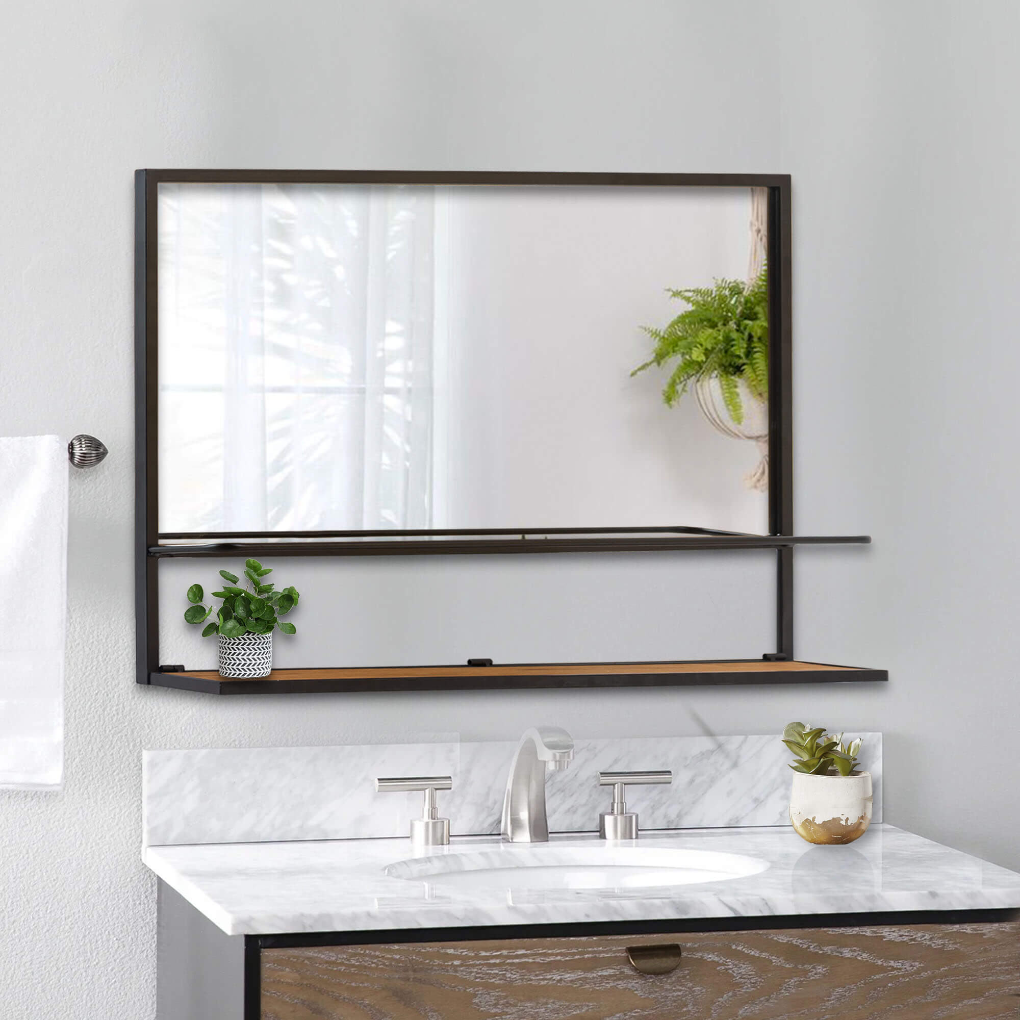 Poll-30"x22" Black Bathroom Mirror with Foldable Shelf
