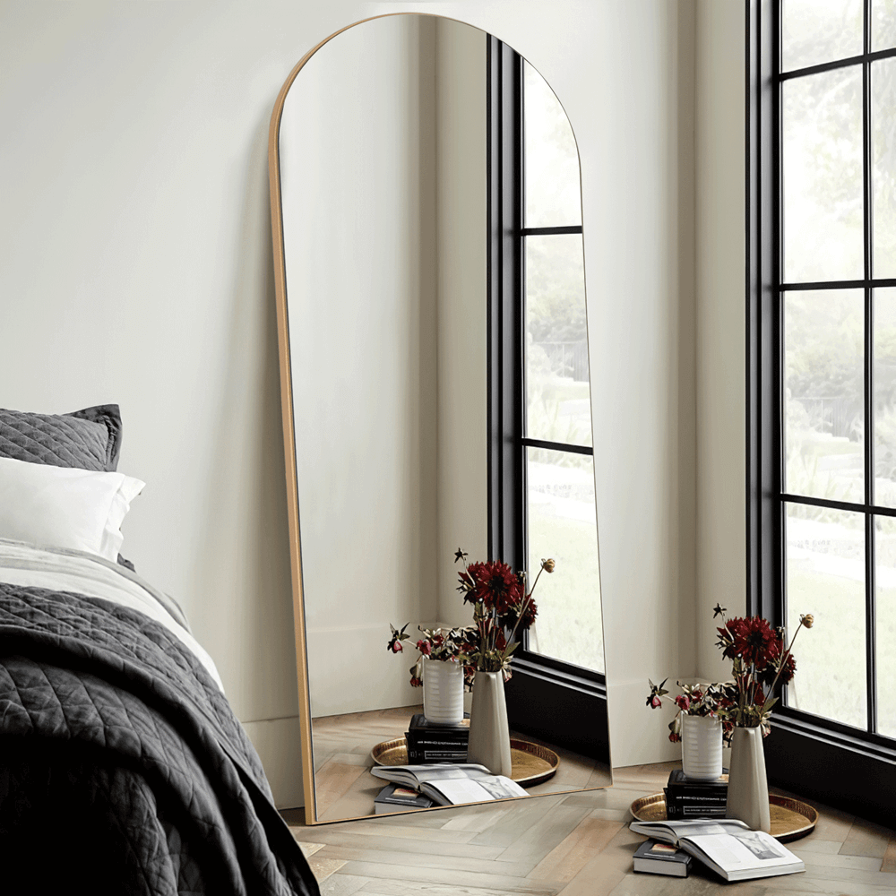 gold wood frame arch floor mirror