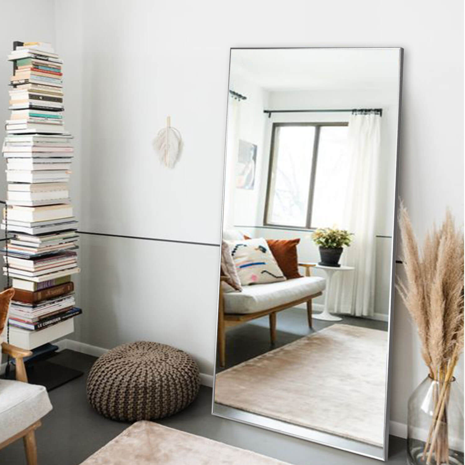 silver large floor leaning mirror