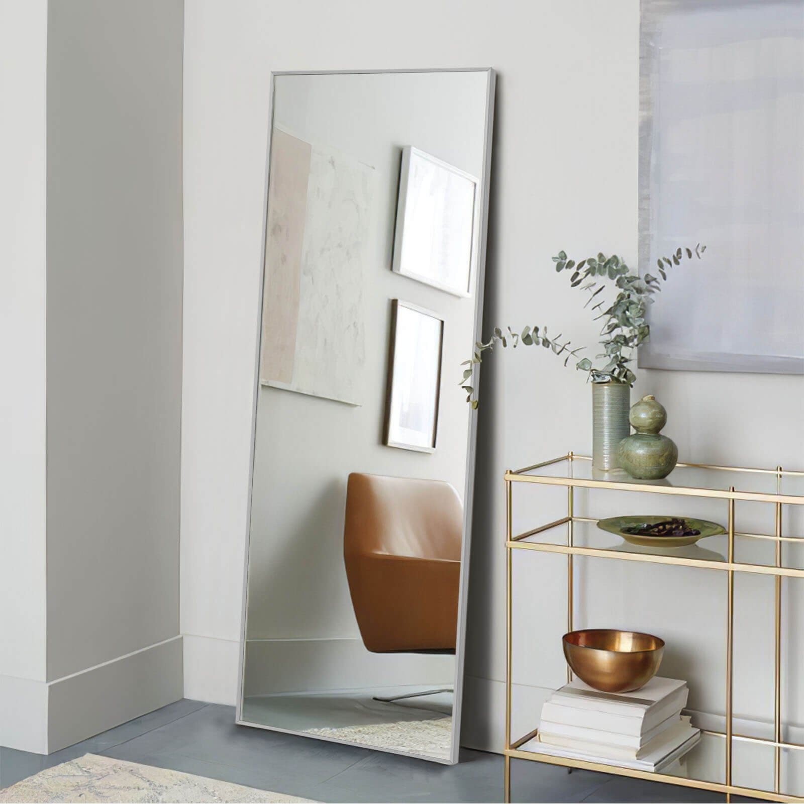 silver full length leanning mirror