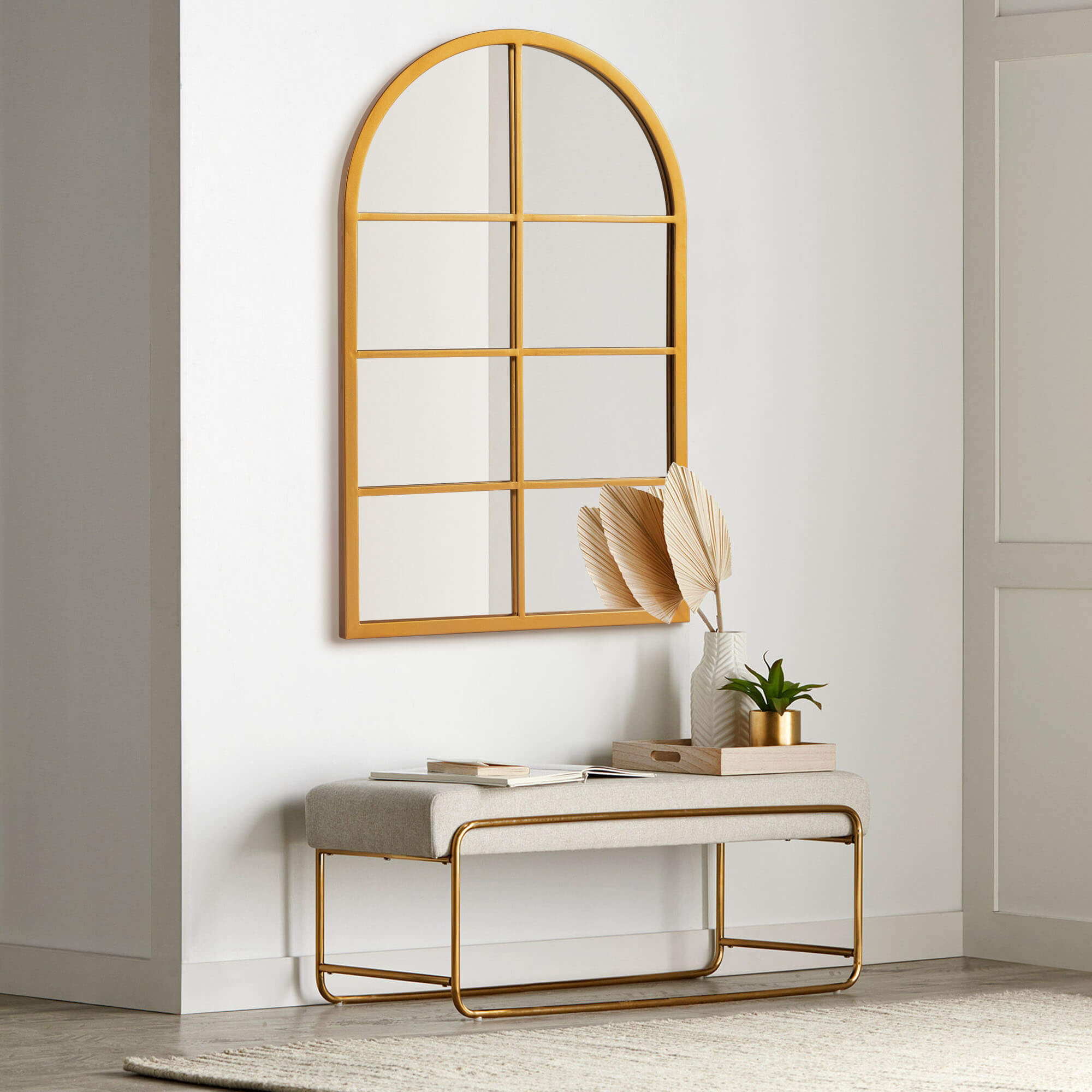 Bernice- Iron Window Pane Black & Gold Arch Decorative Wall Mirror