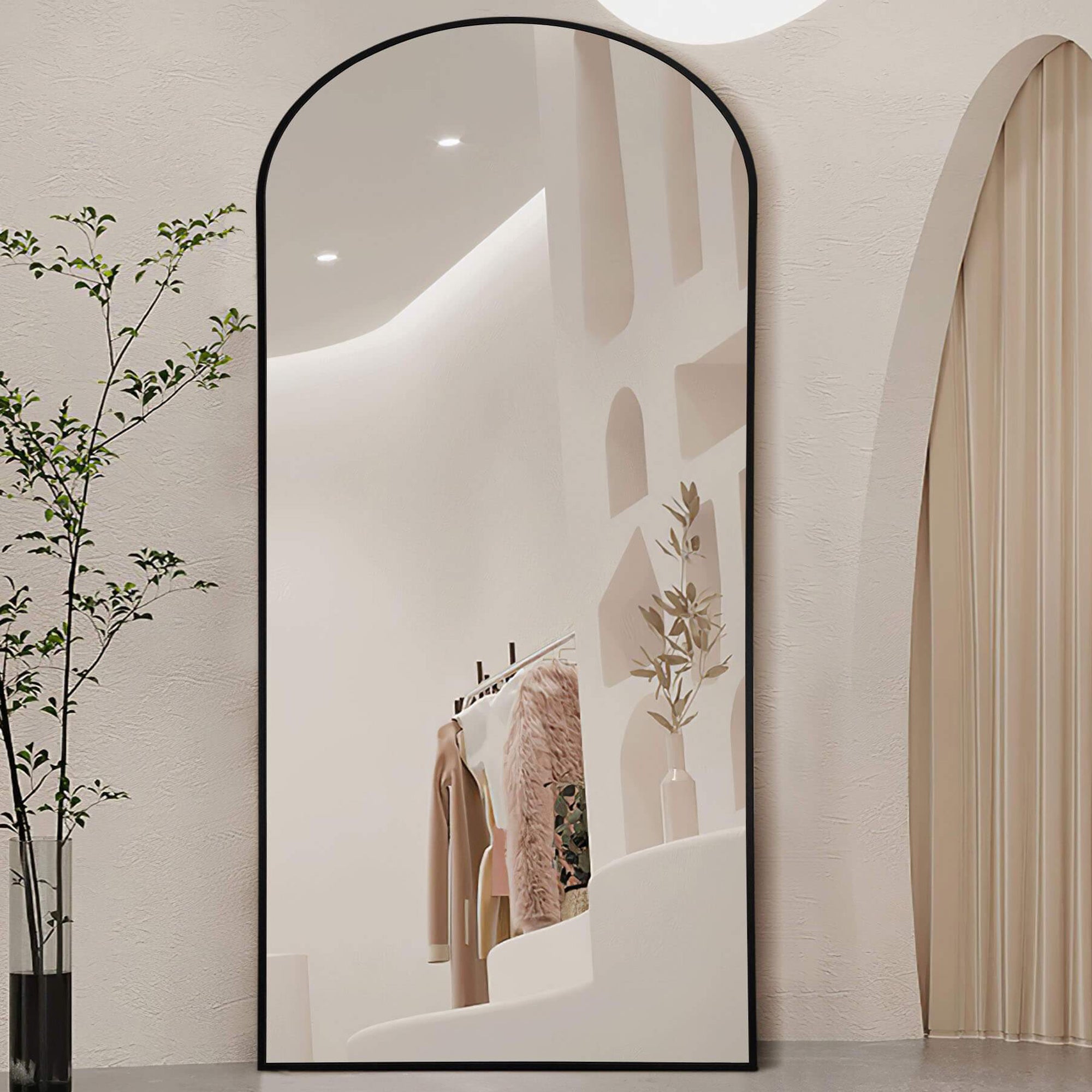Arched-top black full length floor mirror