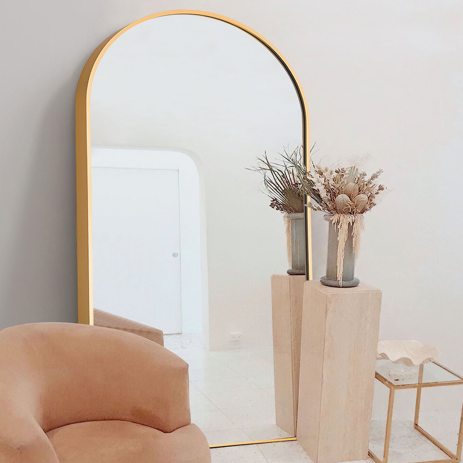 gold framed arch floor mirror