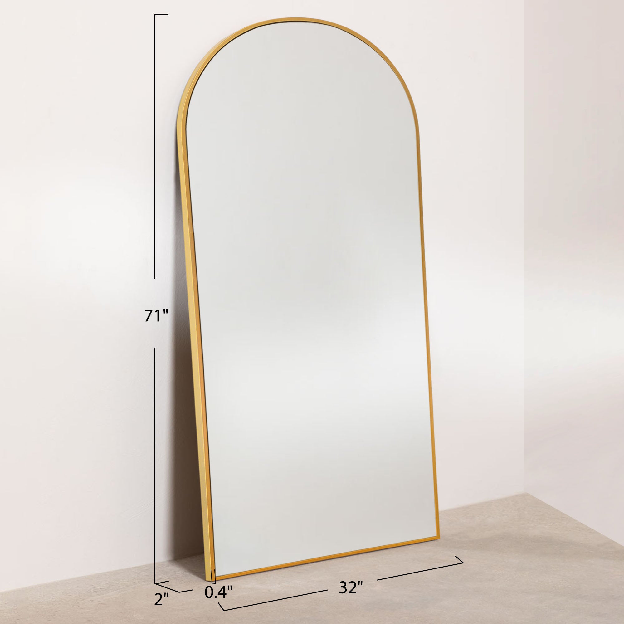 large gold framed arch floor leaning mirror