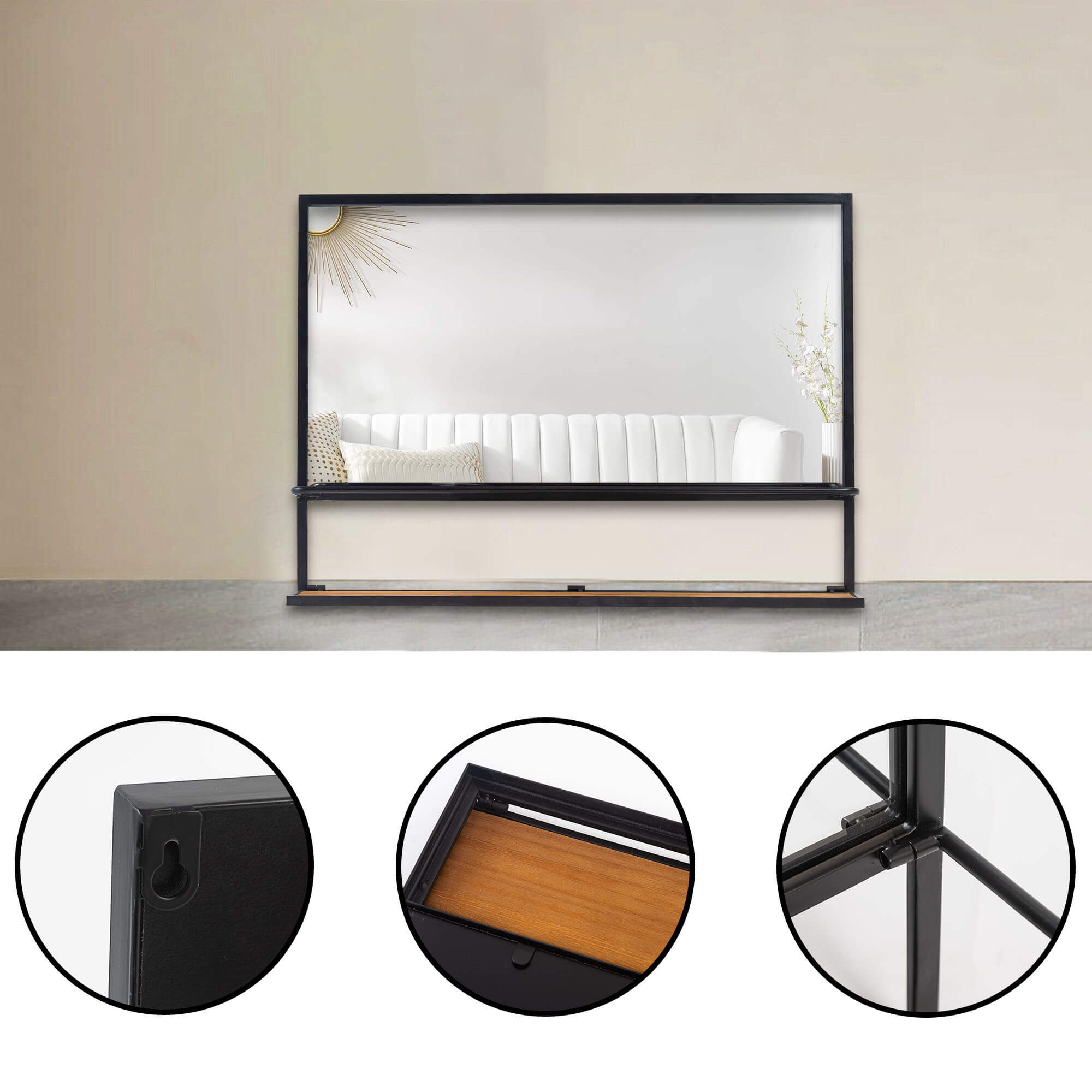 Poll-30"x22" Black Bathroom Mirror with Foldable Shelf