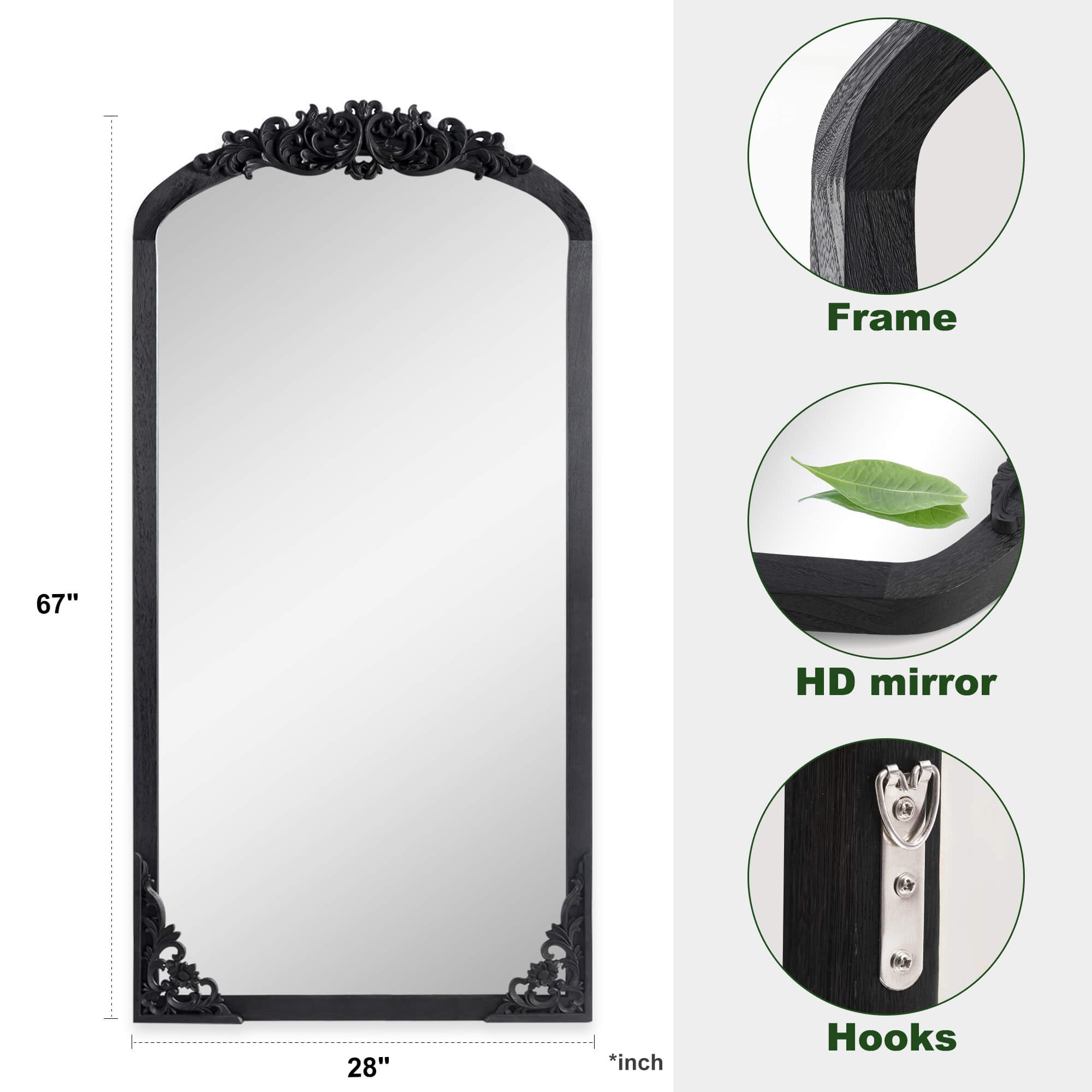 Jucy- 67"x28" Three Interchangeable Carved Solid Wood Full length Mirrors