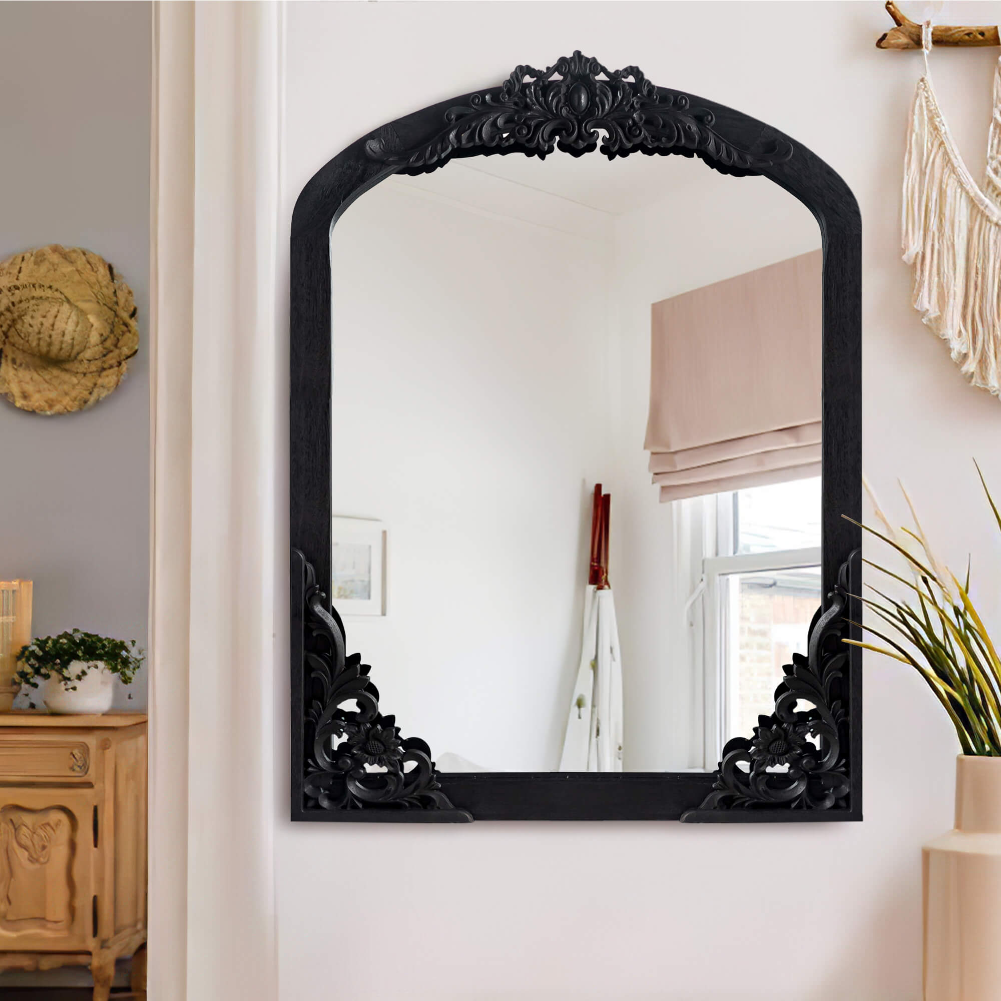 Janice- 39"x28" Rustic Solid Wood Carving Decor Wall Mirror