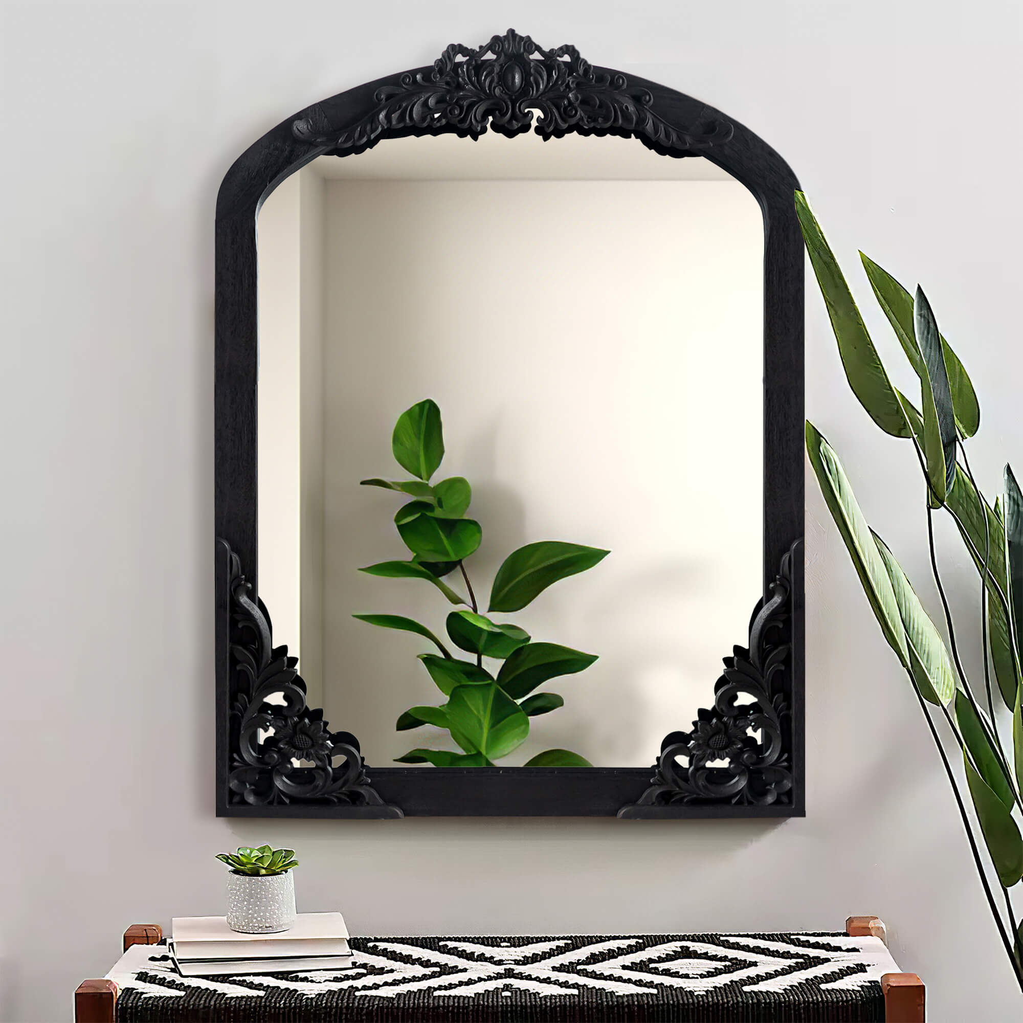 Janice- 39"x28" Rustic Solid Wood Carving Decor Wall Mirror