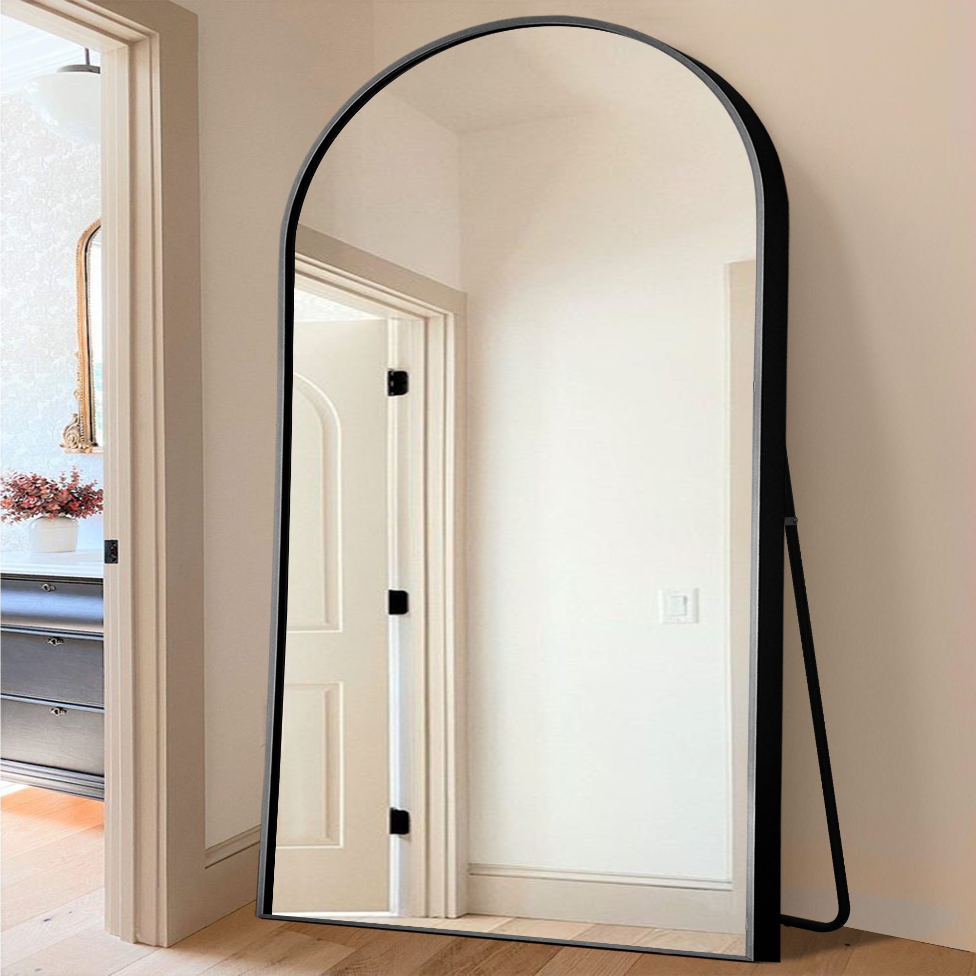 black oversize arched full length floor mirror