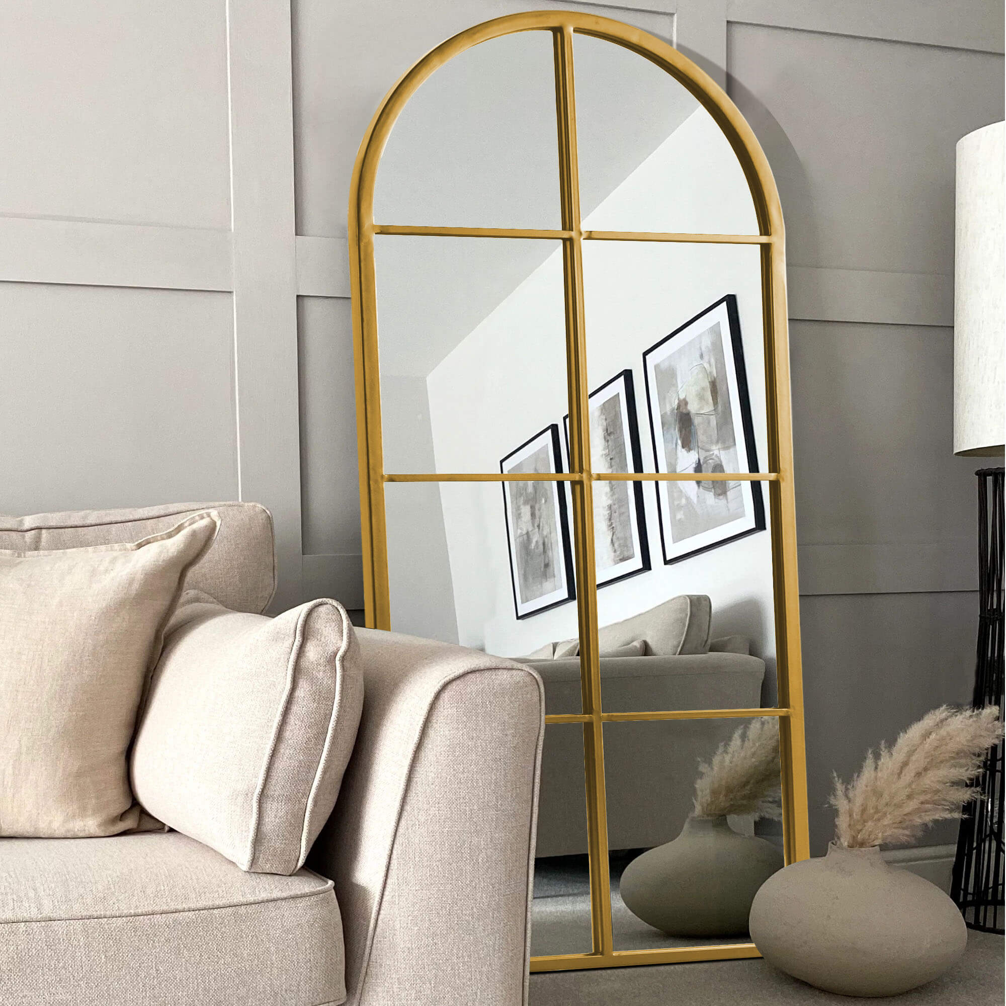 Bernice- Iron Window Pane Black & Gold Arch Decorative Wall Mirror